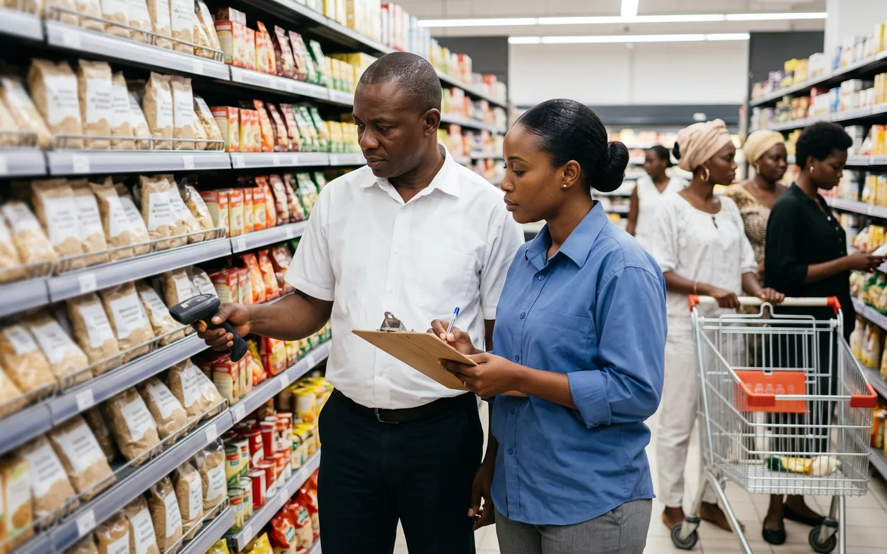 Responsables d’un supermarché contrôlant les stocks en rayon avec un lecteur de codes-barres