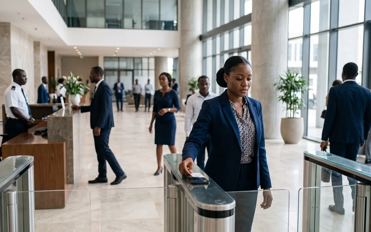 Contrôle d’accès : une employée franchit un portique à badge dans le hall d’un immeuble de bureaux