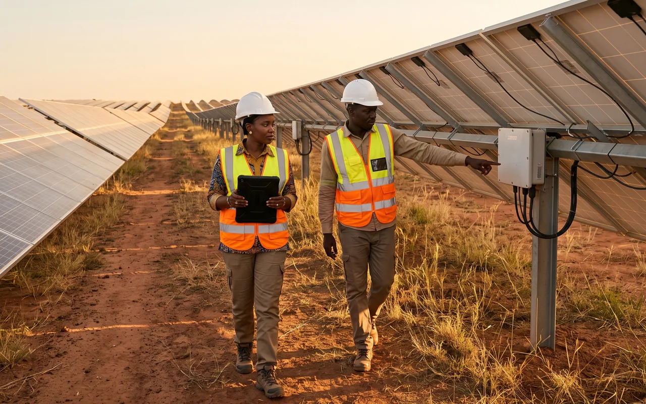 Ingénieurs inspectant les installations d’une centrale solaire