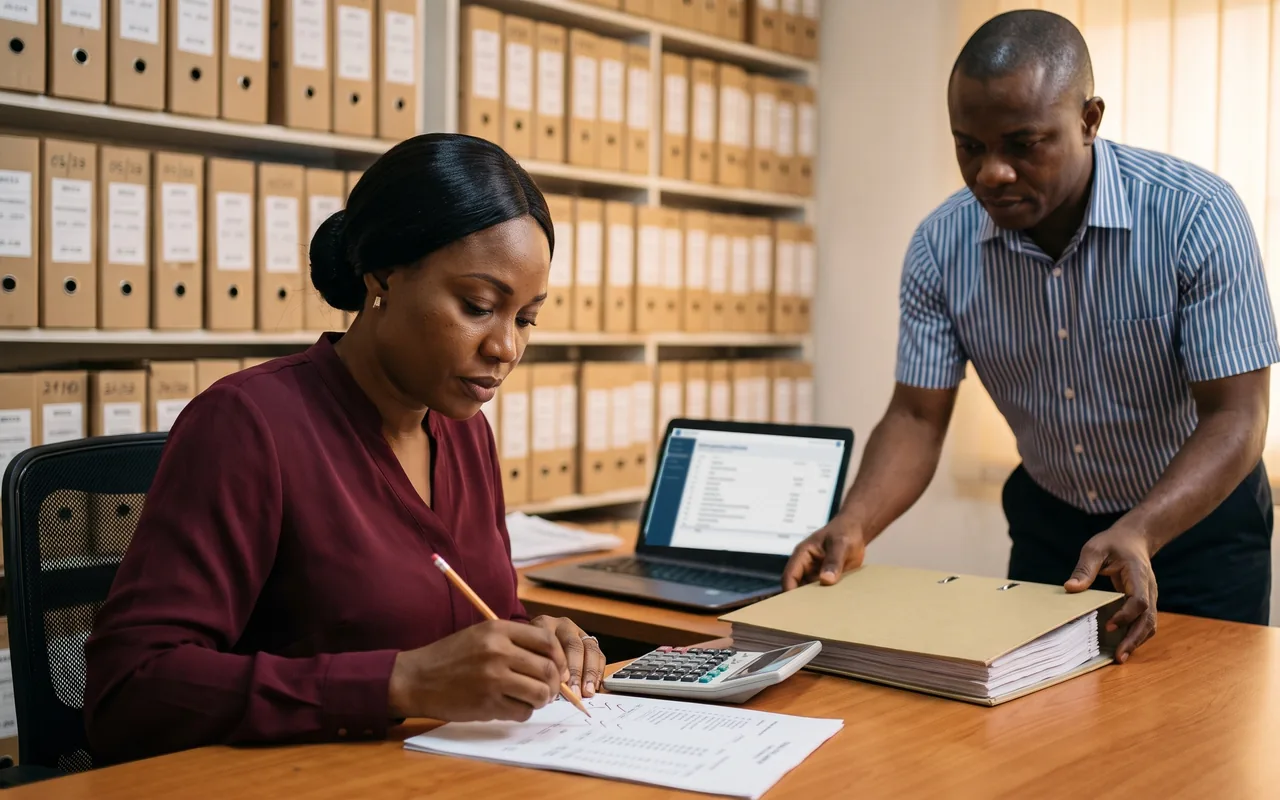 Expertise comptable : une comptable révise des pièces justificatives avec un collègue, devant les archives