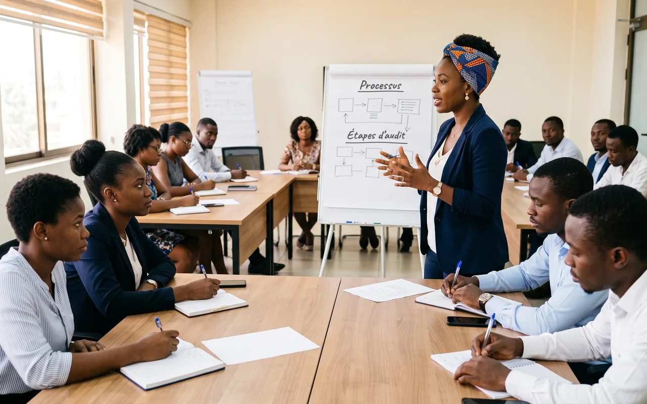 Formation : une formatrice présente les étapes d’une mission d’audit à l’équipe comptable d’un client
