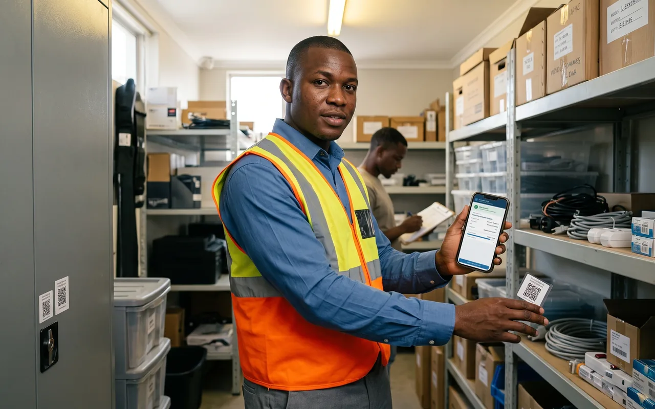 Inventaire des immobilisations : un agent scanne les étiquettes QR code d’un magasin
