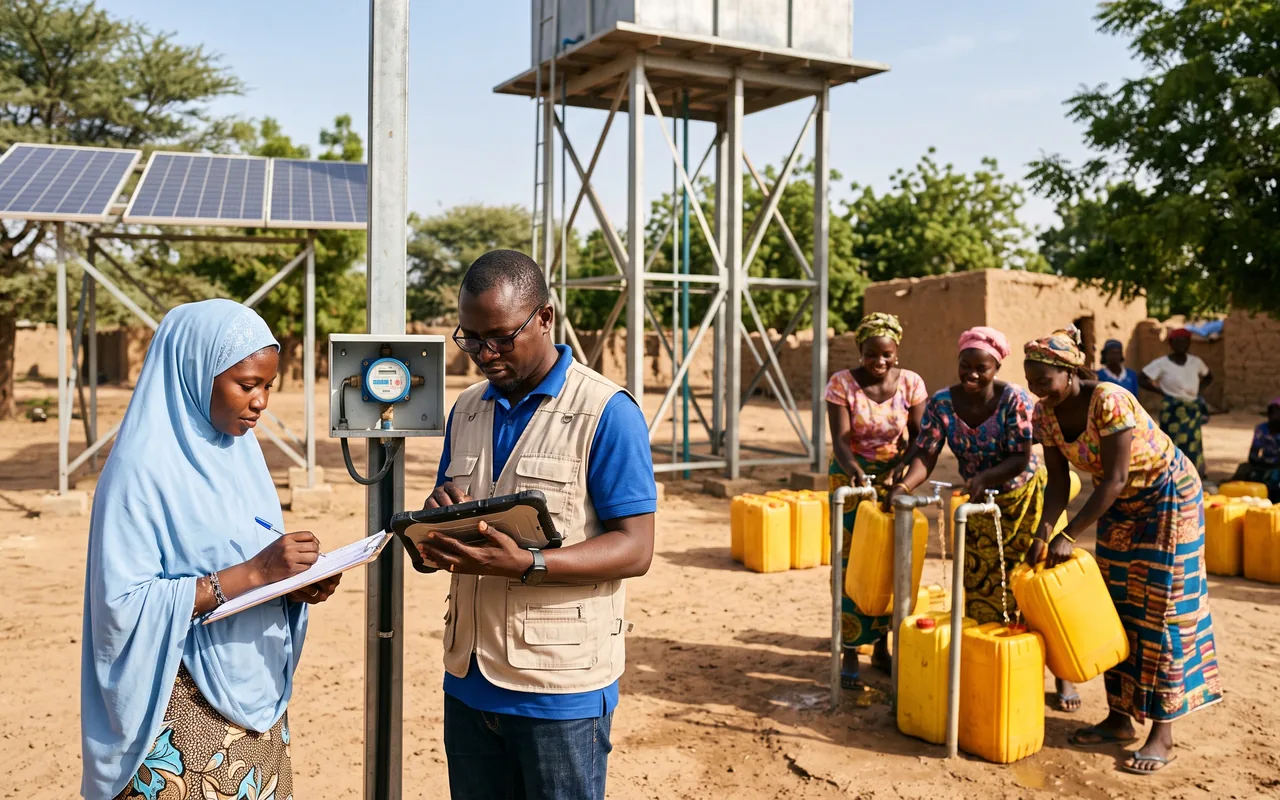 Équipe d’un projet de développement vérifiant un point d’eau solaire avec les habitantes d’un village