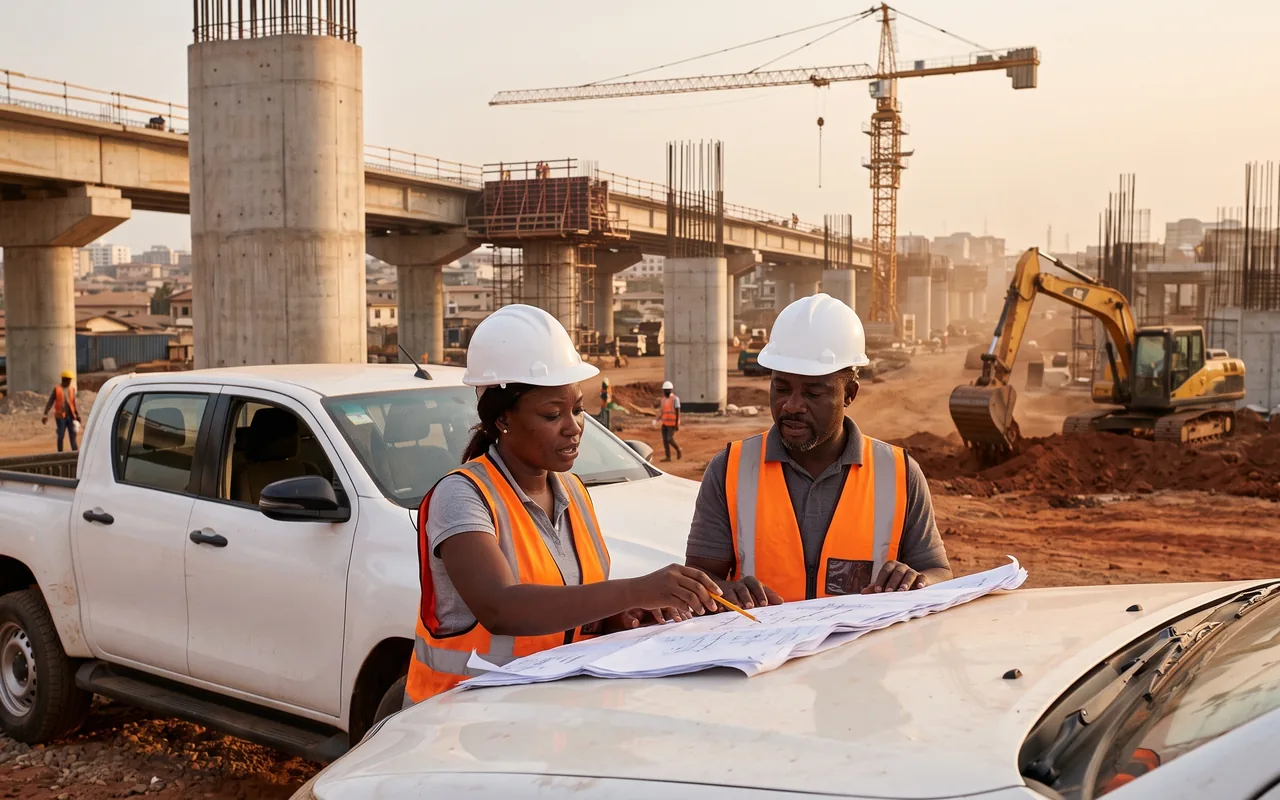 Ingénieure et conducteur de travaux examinant des plans sur un chantier d’échangeur