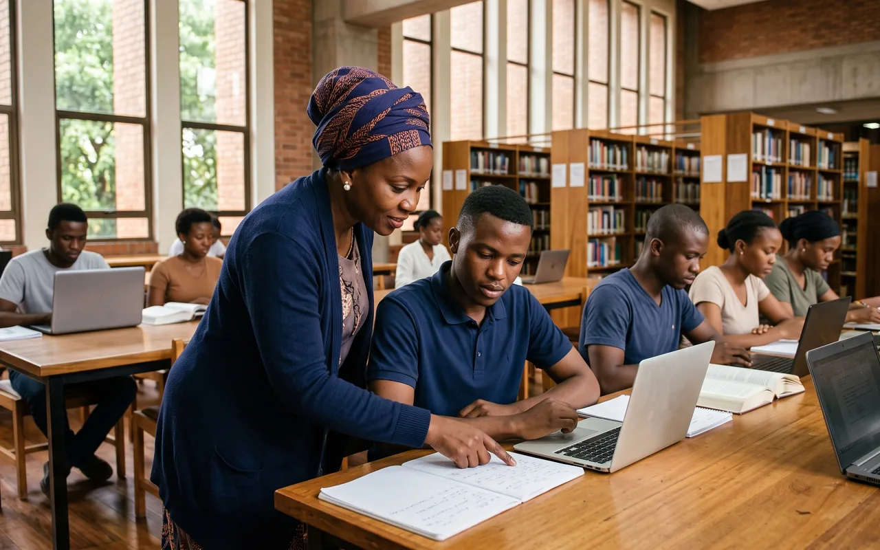 Enseignante accompagnant des étudiants dans une bibliothèque universitaire