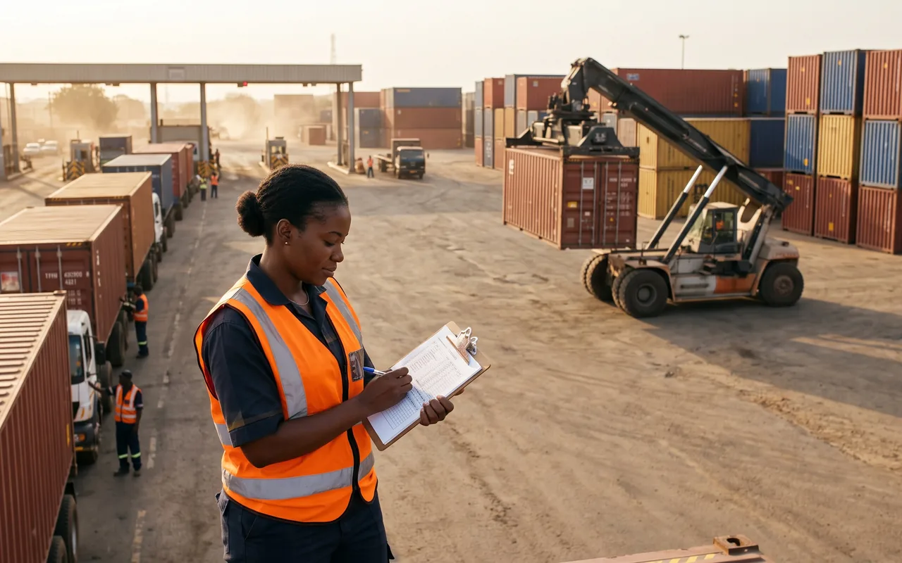 Agente logistique contrôlant des conteneurs dans un port sec