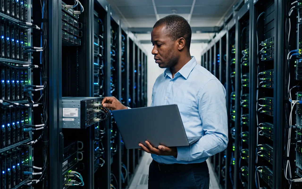 Sécurité des données : un administrateur vérifie les serveurs d’une salle informatique